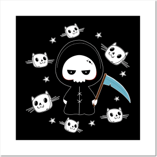 Spooky Grim Reaper with Cats Pattern Halloween Posters and Art